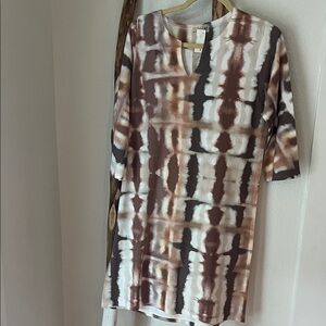 Atelier 5 by Gozde Yilmaz Brown Tan White Tie-Dye 3/4 Sleeve Knit Dress Medium